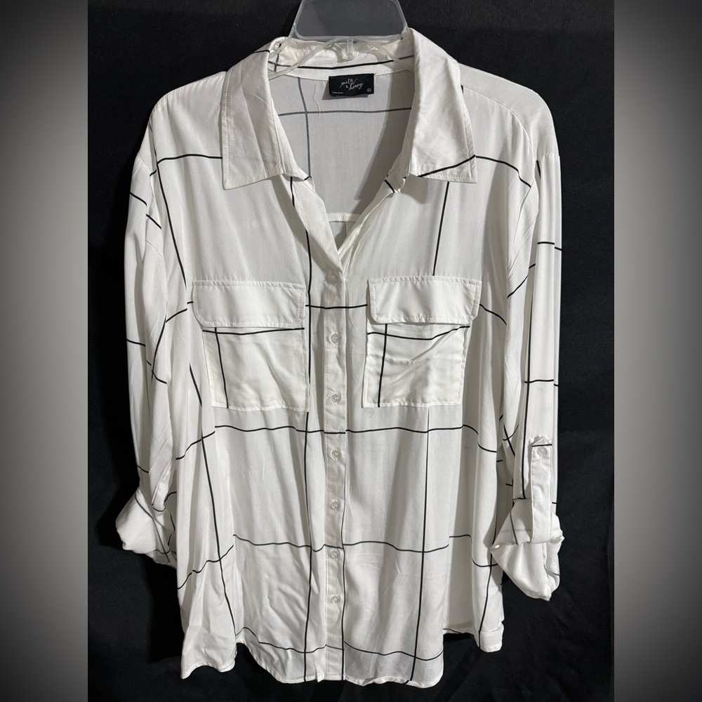 Chic White and Black Grid Women's Button Down Shirt